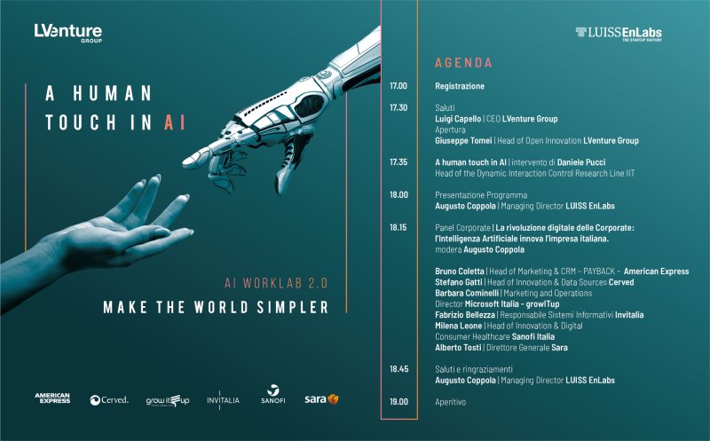 #AIWorkLab 2.0 - Appuntamento oggi a #Milano alle 17: sei grandi corporate si confrontano sulle future applicazioni dell'#AI.
👉Live tweeting su <a href="/LVentureGroup/">LVenture Group</a> 
👉Diretta Fb su facebook.com/LuissEnlabs/
Il programma e gli speaker li trovate qui 👇
invitalia.it/chi-siamo/area…