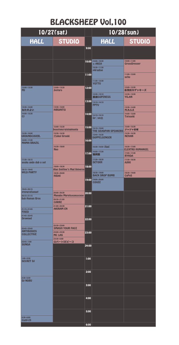 COGEExxx's tweet photo. いよいよ今週末10/27（土）、10/28（日）はBLACKSHEEP vol.100！
不備が無いように色々とシミュレーションしているのですが、どう考えても楽しすぎる内容だと思います。
これだけの特濃メンツが一同に会してる事が奇跡的���感動的。
二度と無い祝祭をぜひ体感してください！
https://t.co/TiyJJ2y7UH https://t.co/ISm5GA2M57