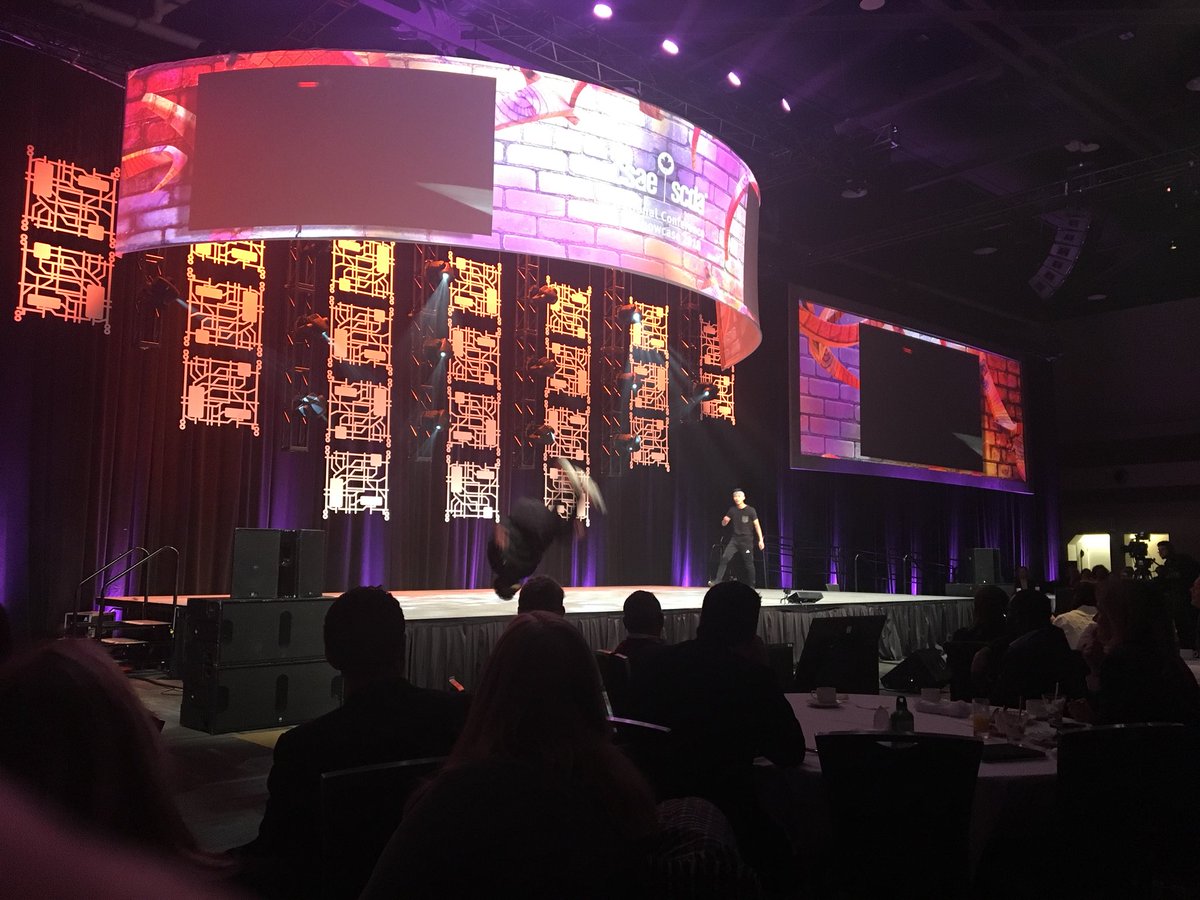 Because break dancing is the only way to start a conference right. Yes, that blur is a guy backflipping off the stage. #CSAE2018 @csaeconnect