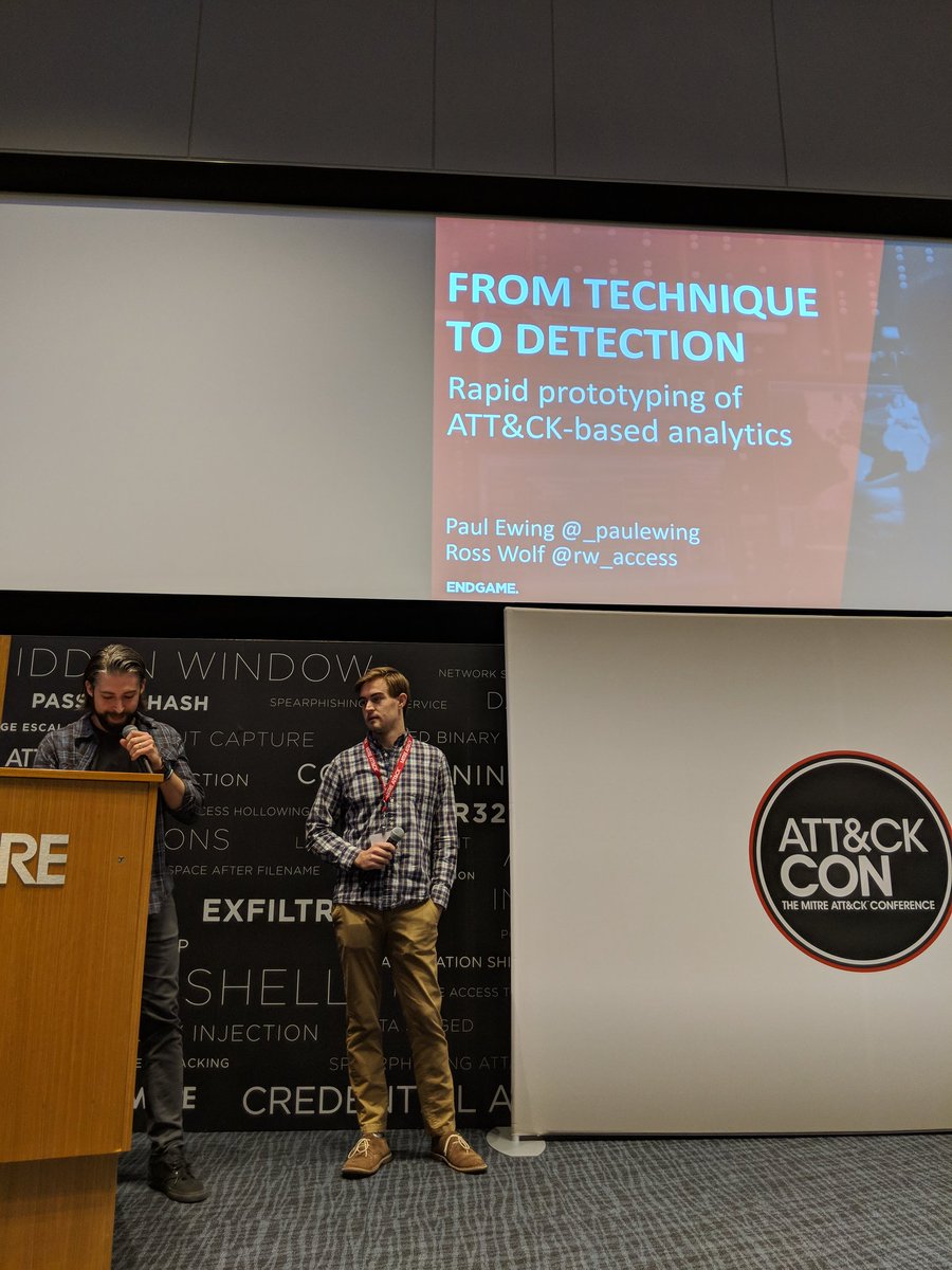 MITREattack's tweet photo. First up, Ross Wolf (@rw_access) and Paul Ewing (@_paulewing) of @EndgameInc present "From technique to detection: Rapid prototyping of ATT&amp;CK-based analytics." #ATTACKcon https://t.co/q244ywYsJ2