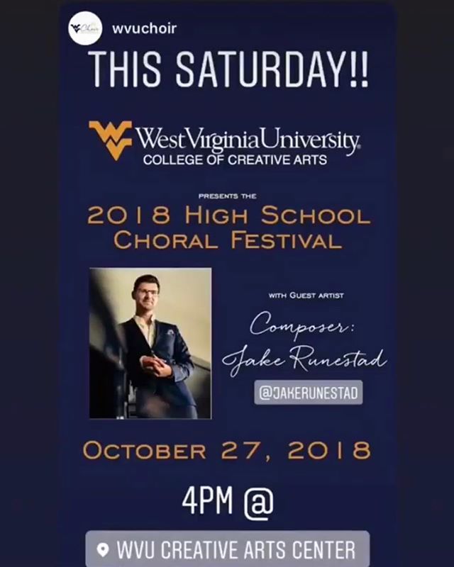 On Friday, I head off for a string of four events...starting with this festival at <a href="/wvuchoir/">WVU Choir</a>! bit.ly/2O5eDz8
