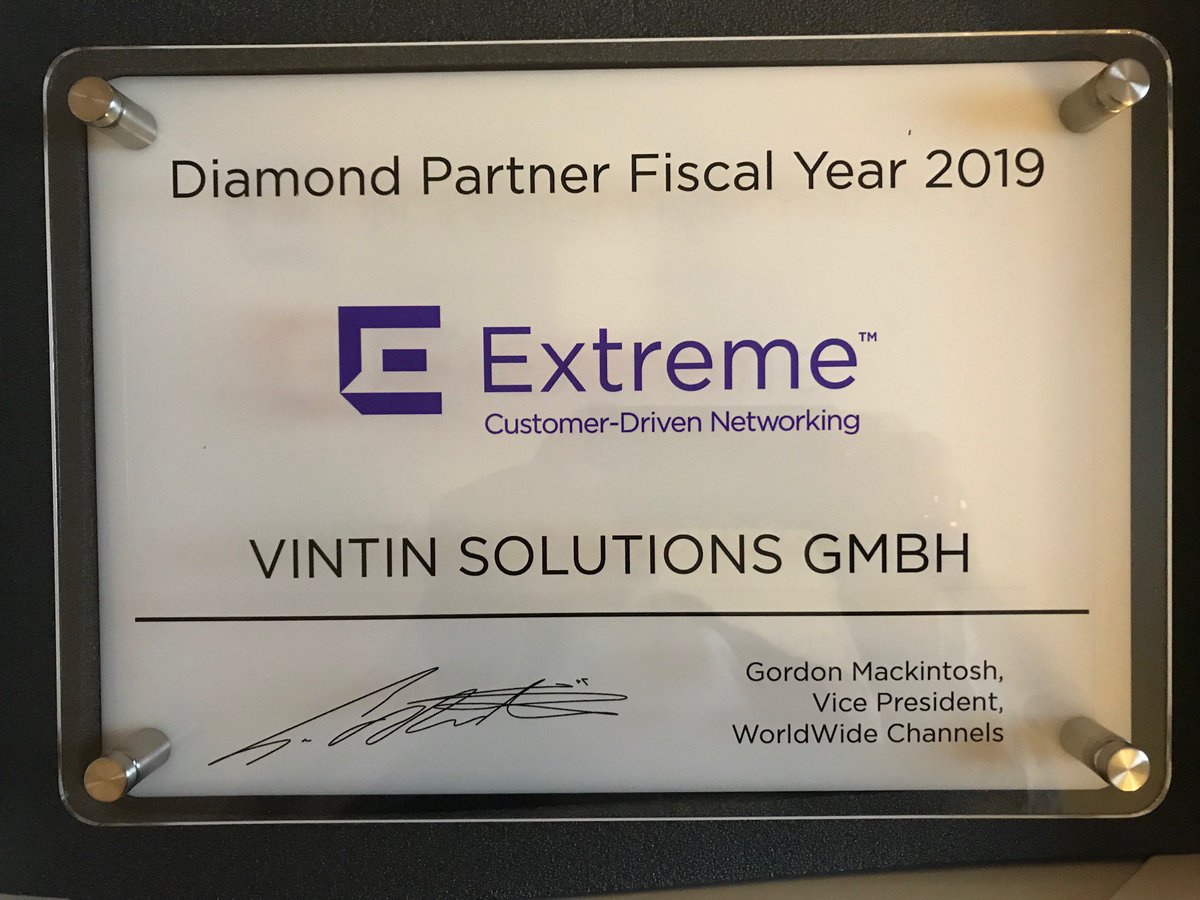 VINTIN_GmbH's tweet photo. VINTIN - Extreme Networks Diamond Partner Fiscal Year 2019! Auch 2019 darf sich #VINTIN #Diamond #Partner bei #Extreme #Networks nennen. Damit hält VINTIN weiterhin den #höchsten #Status. Wir freuen uns über die Urkunde! @Extreme_DACH @ExtremeNetworks https://t.co/lI7z91ONrw