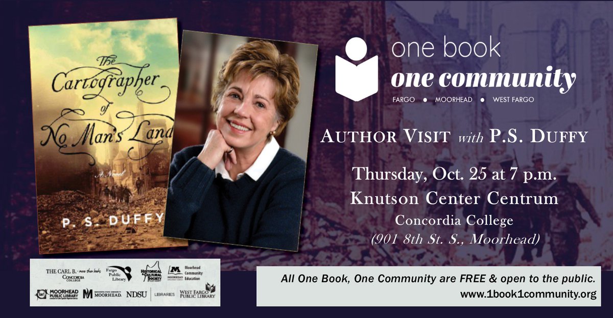 fargolibrary's tweet photo. Join us tomorrow evening - Thursday(10/25) at 7pm @Concordia_MN for the 2018 One Book, One Community author visit w/ PS Duffy, writer of"The Cartographer of No Man's Land." Free &amp; open to all ages. Books will be available for purchase. Details https://t.co/YSEfb9pt1D https://t.co/2UkNeeufxo