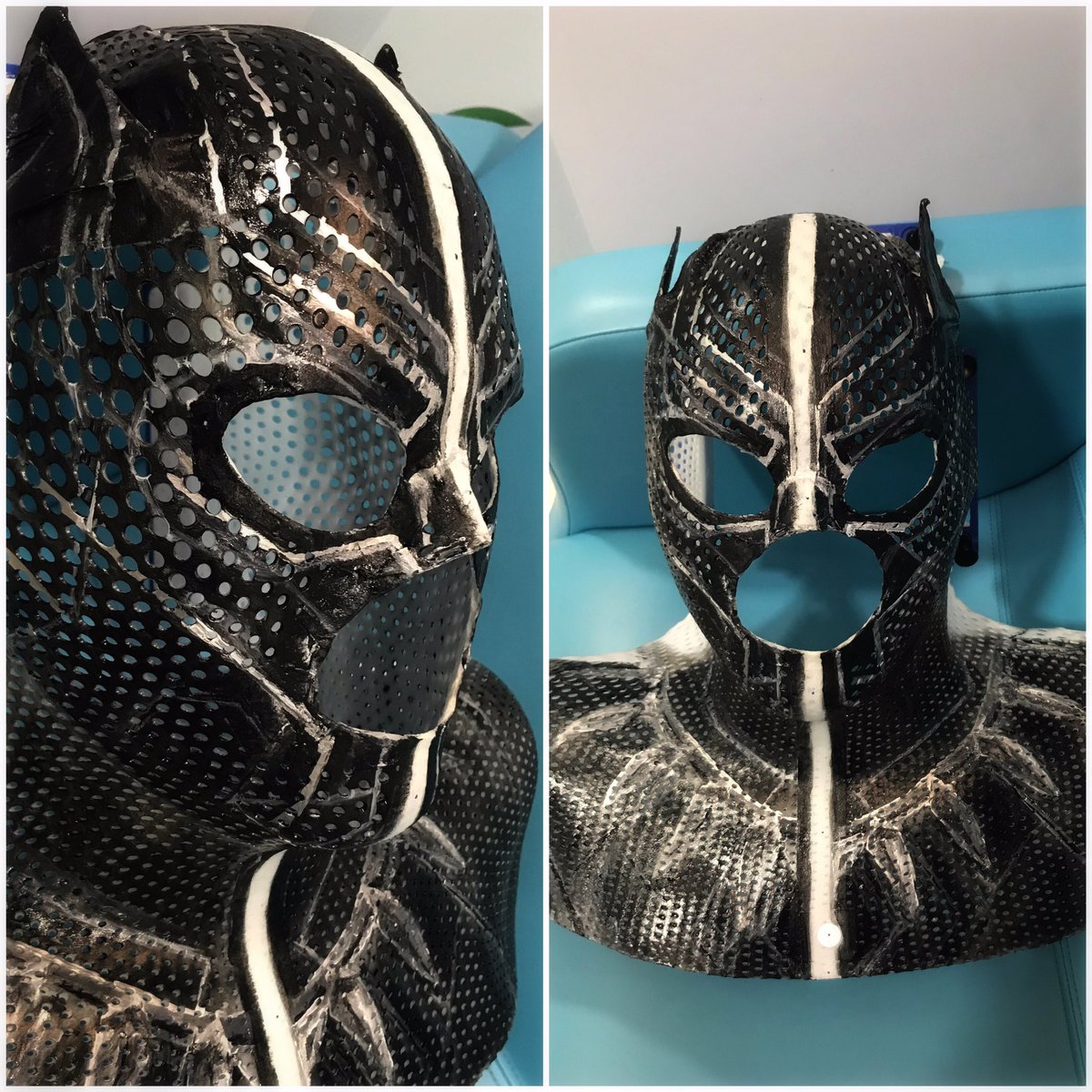lobke_marsden's tweet photo. I struggled a bit, painting this one -  but here it is..😅 A Black Panther #radiotherapy mask as requested by one of our patients!

#ChildhoodCancer 🎗 #NHS https://t.co/uBhnnmEUP4