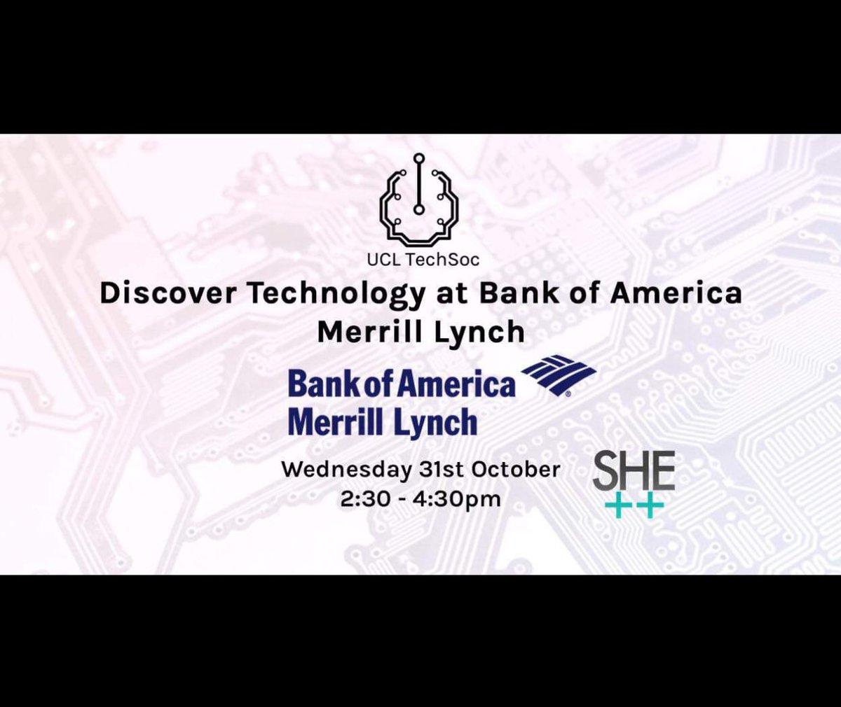 sheplusplusldn's tweet image. Join us for our exclusive ‘Discover Technology’ event on campus for UCL students only on Wed 31 Oct, 2:30 - 4.30pm. @UCLTechSoc @sheplusplusldn @GoMerrillLynch @MerrillLynch_NA