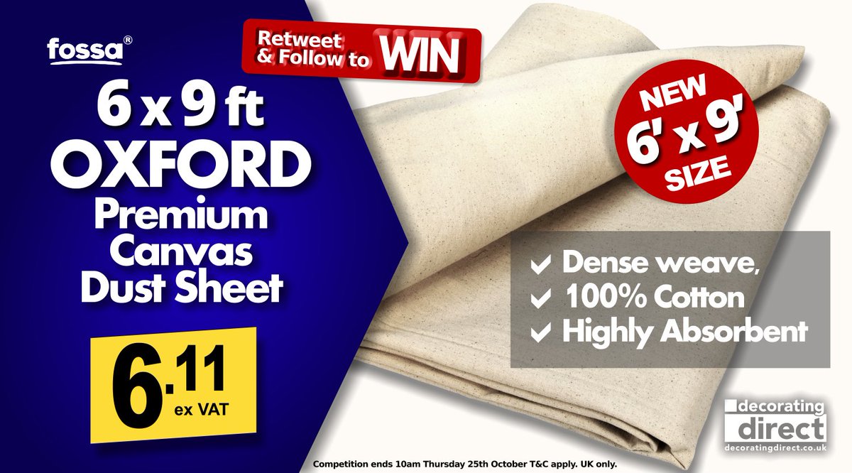 decoratingdirec's tweet photo. Remember to Retweet &amp; Follow to win one of our  NEW sized Fossa Oxford 6 x 9ft Premium Canvas Dust Sheet @decoratingdirec 3 to WIN.
Ends 10am Thursday 25th October 2018.
https://t.co/N24gAz4np3 https://t.co/kpHzrghhze