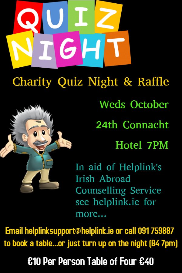 HelplinkMH's tweet image. Tonight is the night folks come one come all to @ConnachtHotel for some craic and lots of prizes from local retailers etc! 

All proceeds go to our free Irish Abroad Counselling Service helplink.ie/cabhru/irish-a…

#helplinksupport #IAOCS #tablequizgalway