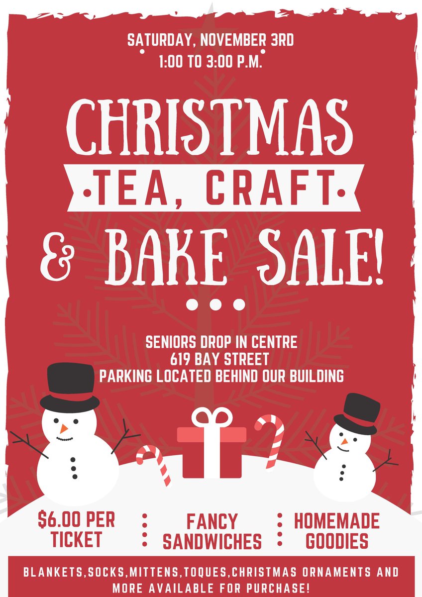 Seniors' Christmas Tea, Craft and Bake Sale Saturday, November 3, 2018 - 1 to 3 pm Get your tickets today! https://t.co/SIdVn9p67o