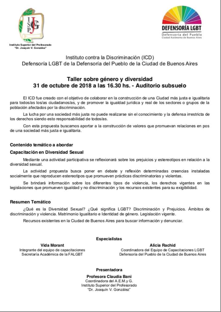 jvginglestutor's tweet photo. Invitación a participar del Taller sobre género y diversidad a realizarse en la institución el miércoles 31 de octubre a las 16.30 en el Auditorio del subsuelo. https://t.co/GxEt2Uy4It