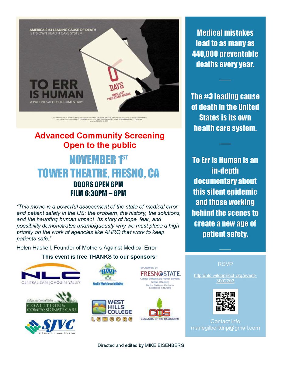 FREE community screening at Tower Theater on Nov 1, 6:30 - 8:00 pm
Trailer: toerrishumanfilm.com
Registration: nlc.wildapricot.org/event-3092293

#fresno #towertheater #november #patientsafety