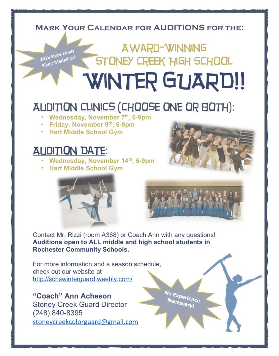 SCHSGuards's tweet photo. Auditions coming up soon for winter guard and open to ALL RCS students! No experience necessary! Come to one (or both) of the clinics to try it out! More info on our website: https://t.co/0U5eS9BDL9 https://t.co/22FFjlAIuc