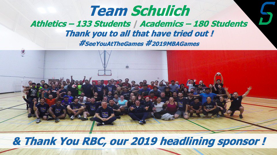 .<a href="/TeamSchulich/">Team Schulich</a> thanks all the students who came out to tryouts. The turnout was incredible. A special shout-out to our headlining sponsor, <a href="/RBC/">RBC</a>! We can't thank you enough for your continued support. @2019MBAGames #TeamSchulich #RBC #SeeYouAtTheGames #DiversityandInclusion