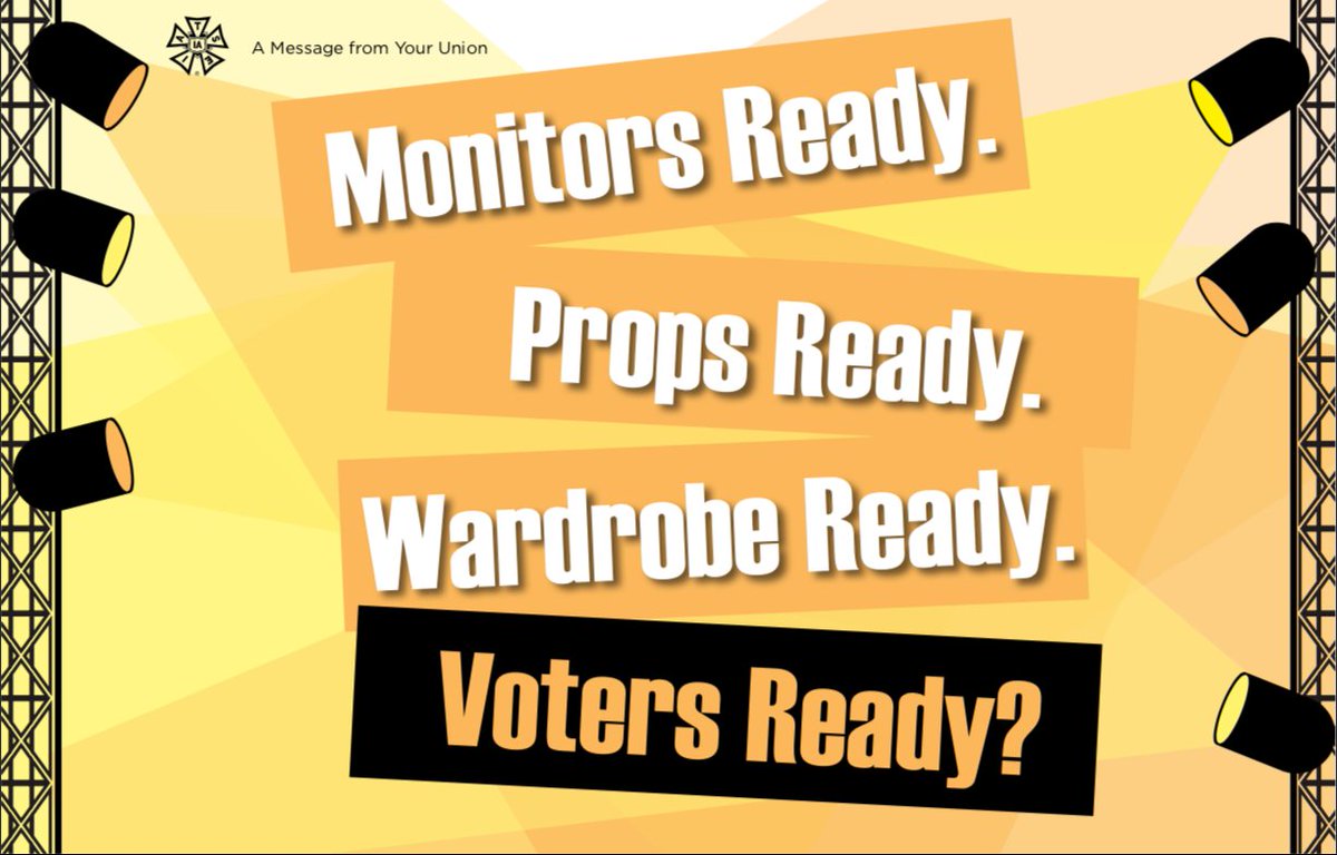 IATSE's tweet photo. When you’re on the job, you have a plan to make sure everything goes smoothly: no hiccups, no surprises. Don’t let Election Day take you by surprise. Make a plan to vote, and make your voice heard for your job and your union. #IATSEVotes https://t.co/qmpsccKMBI