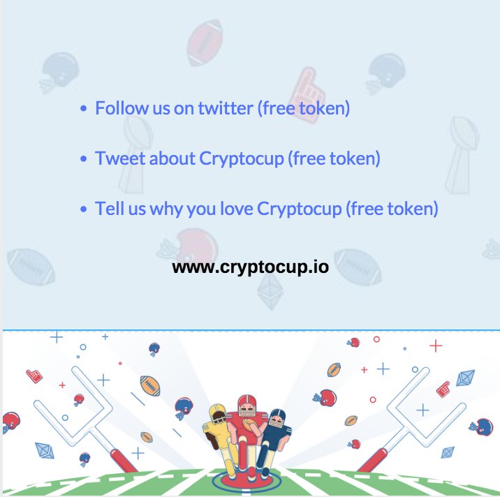 cryptocup_io's tweet image. Would you like a free token? Pot is already in 2.4 ETH
Retweet and get a token as well!

#Cryptocup #GreatPot #LetsPredict #NFL