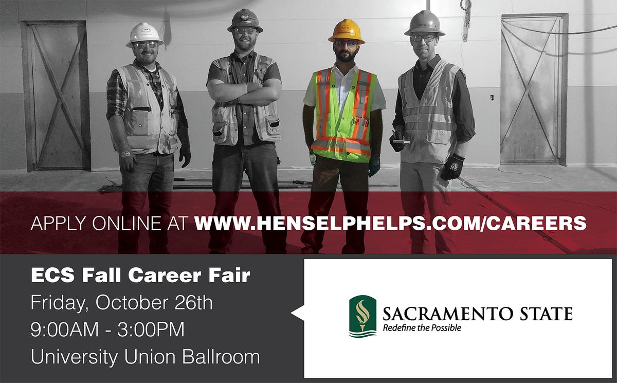 HenselPhelps's tweet photo. Calling all #CM, #Engineering, & #Safety students interested in a career in construction. Our team will be at @sacstate this Friday for the ECS Fall Career Fair from 9AM-3PM. Stop by our booth to learn more and to meet our #SacState alums! #redefinethepossible #construction https://t.co/KiVxlKy2LC