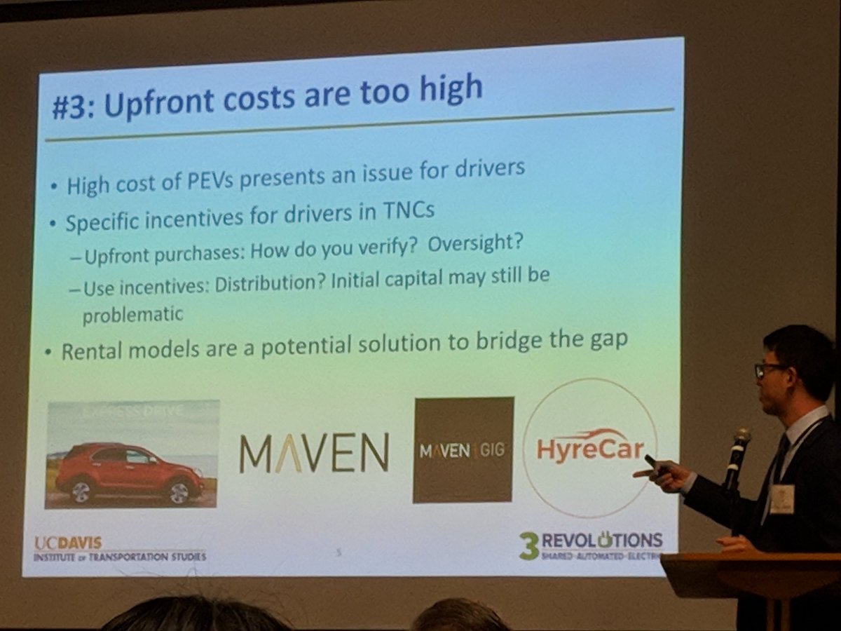 @ITS_UCDavis researcher @alanjenn on the critical topic of electrifying TNC (#Uber and #Lyft) vehicles. 

Read his policy brief on the topic:bit.ly/2PRxm2J

Follow #3RevResearch for workshop takeaways.