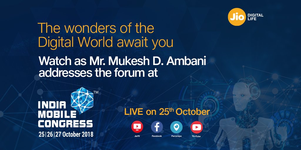 Watch Mr. Mukesh D. Ambani LIVE at the inaugural of the India Mobile Congress 2018. @exploreIMC #JioIMC2018 #5GUltra #IndiaMobileCongress #IMC2018