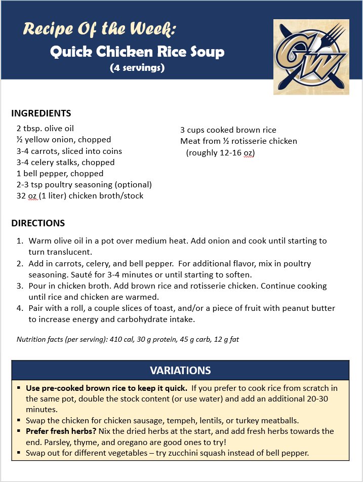 fuelingGWSPORTS's tweet photo. Colonials, if you're going to cook why not cook in bulk? Try this quick chicken rice soup and you'll have dinner for the week! #mealprep #quickfuel https://t.co/dimCxKe7Am