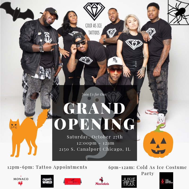 VanJohnsonTatz's tweet photo. Saturday is the grand opening of #ColdAsIceTattoos. Food, drinks, games, tats & piercings. I will be tattooing from 12-6pm #Halloween costumer party 6-midnight with sounds by @jukiethakidd. Email van@officialvanjohnson.com to book your tattoo appointment with me https://t.co/jfitqPyfEj