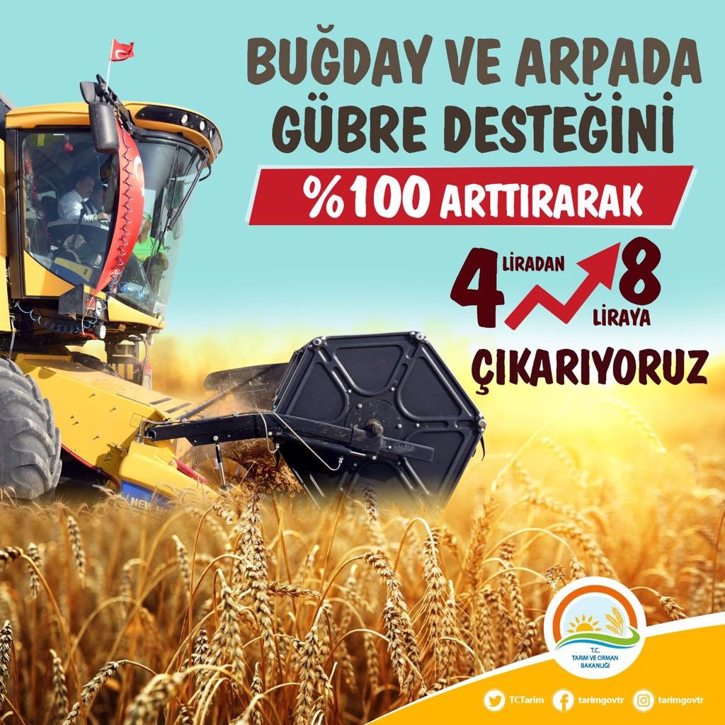 Buğday ve Arpada gübre desteğini iki kat artırıyoruz. Üreticilerimize hayırlı olsun.