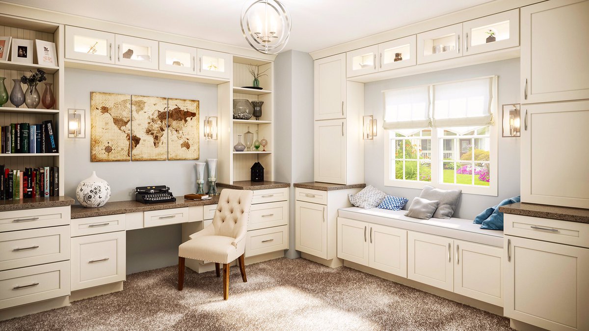 DIYMachine's tweet image. Don’t neglect your office space when remodeling. Think of how much work you’d get done with this dreamy space! #officedecor #officedesign #customcabinets