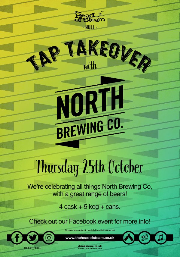 #Hull it's your turn! Today is the day for your #TapTakeover with North Brewing Co! You won't want to miss out on this... who's joining Head of Steam Hull? 

#HeadofSteam