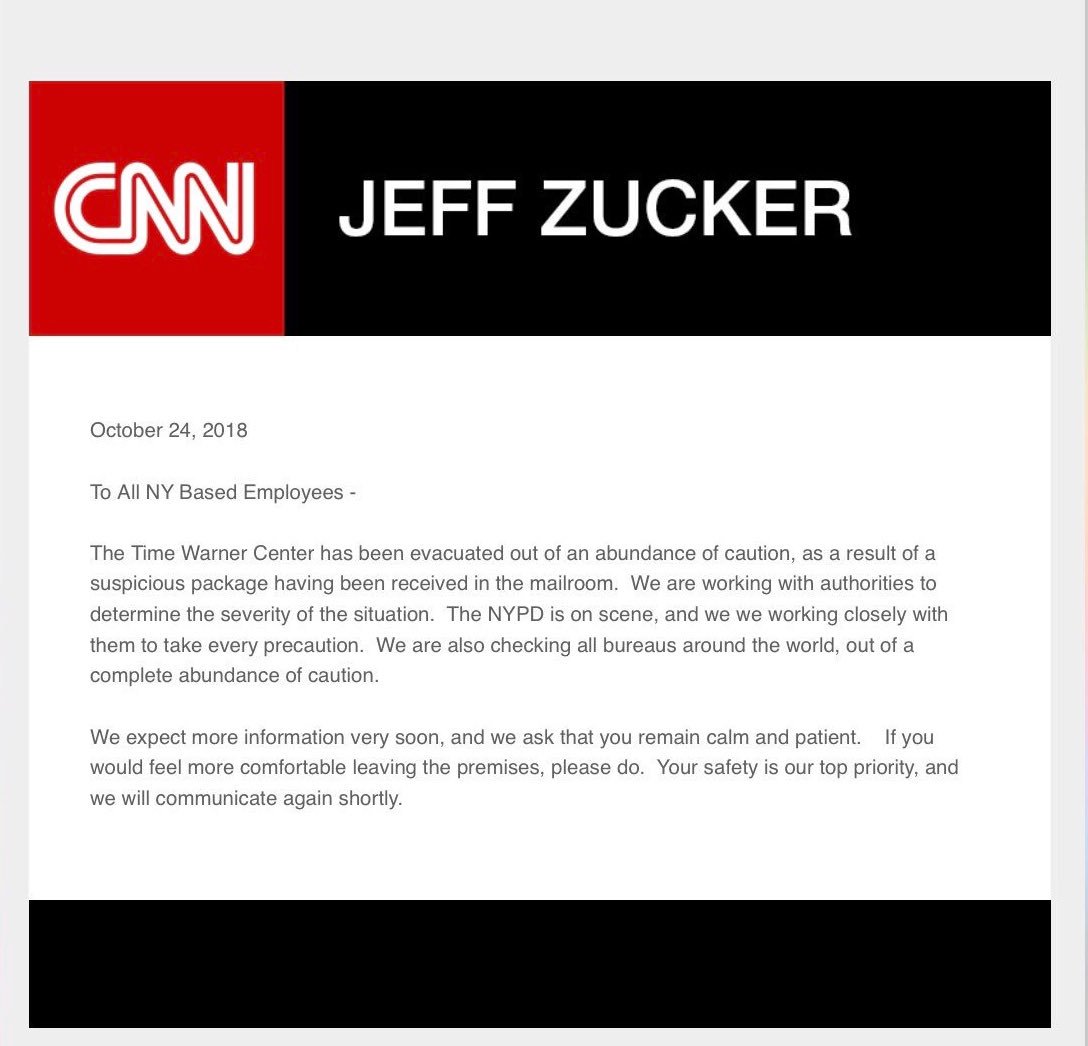 The Time Warner Center (CNN’s NYC bureau) has been evacuated. Jeff Zucker sent the following note to staff. No additional comment or details at this time. Watch CNN for developments.