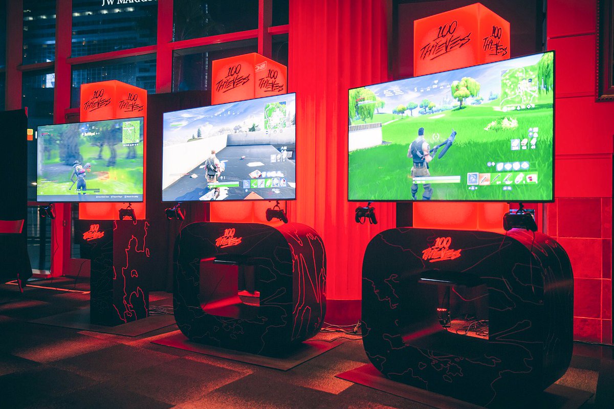 Nadeshot's tweet image. Wanted to share with you the custom gaming rigs we built for Drake’s Scorpion Tour that will live on permanently in the future 100 Thieves facility.