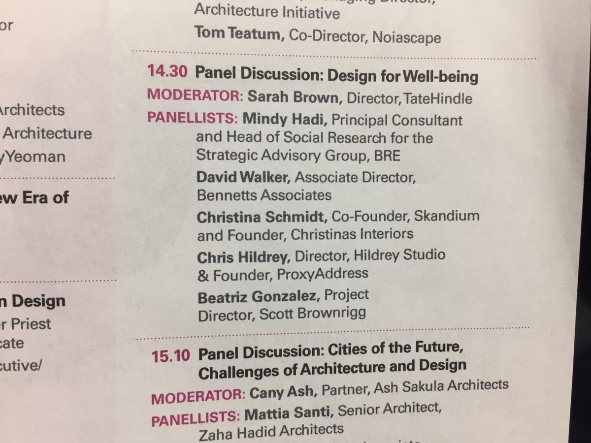 BennettsAssocs's tweet photo. On the panel, 'Design for Well-being' with Mindy from @BRE_Group, @christinasinteriors @ScottBrownrigg and @chrishildrey #Wellbeing #architecture #wednesdaythoughts #construction #londonbuild2018 https://t.co/EDMDIp7wTj