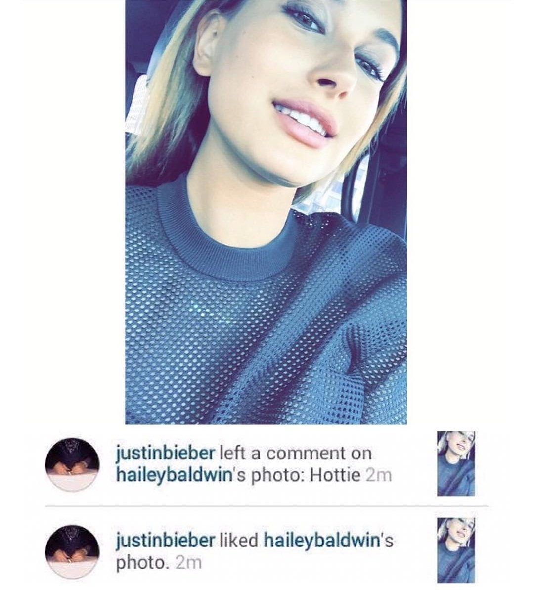 June 5, 2015. Justin left a comment on Hailey's photo.