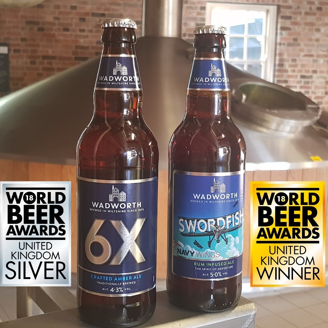 Wadworth's tweet photo. 2 of our beautifully crafted beers have made us very proud in the World Beer Awards, 6X won silver for "UK's Bitter up to 4.5%" and Swordfish has won gold in "UK's Flavored Beer - Spirit Category" 😊😊 https://t.co/im64mEHqNB