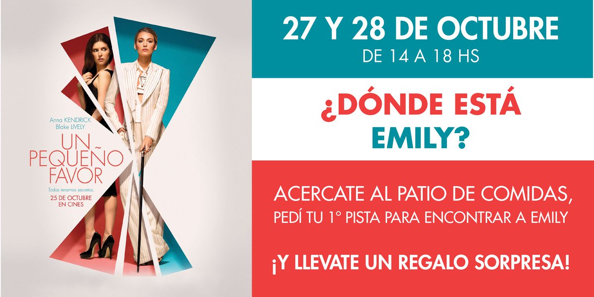 ¿Podés encontrar a Emily? 👁️🔎 ¡Vení al patio de comidas de #AltoAvellaneda el 27 y 28 de octubre de 14 a 18hs, pedí tu primera pista para empezar a buscarla y llevate un regalo sorpresa! 😮
Bases y condiciones: goo.gl/c4YYav