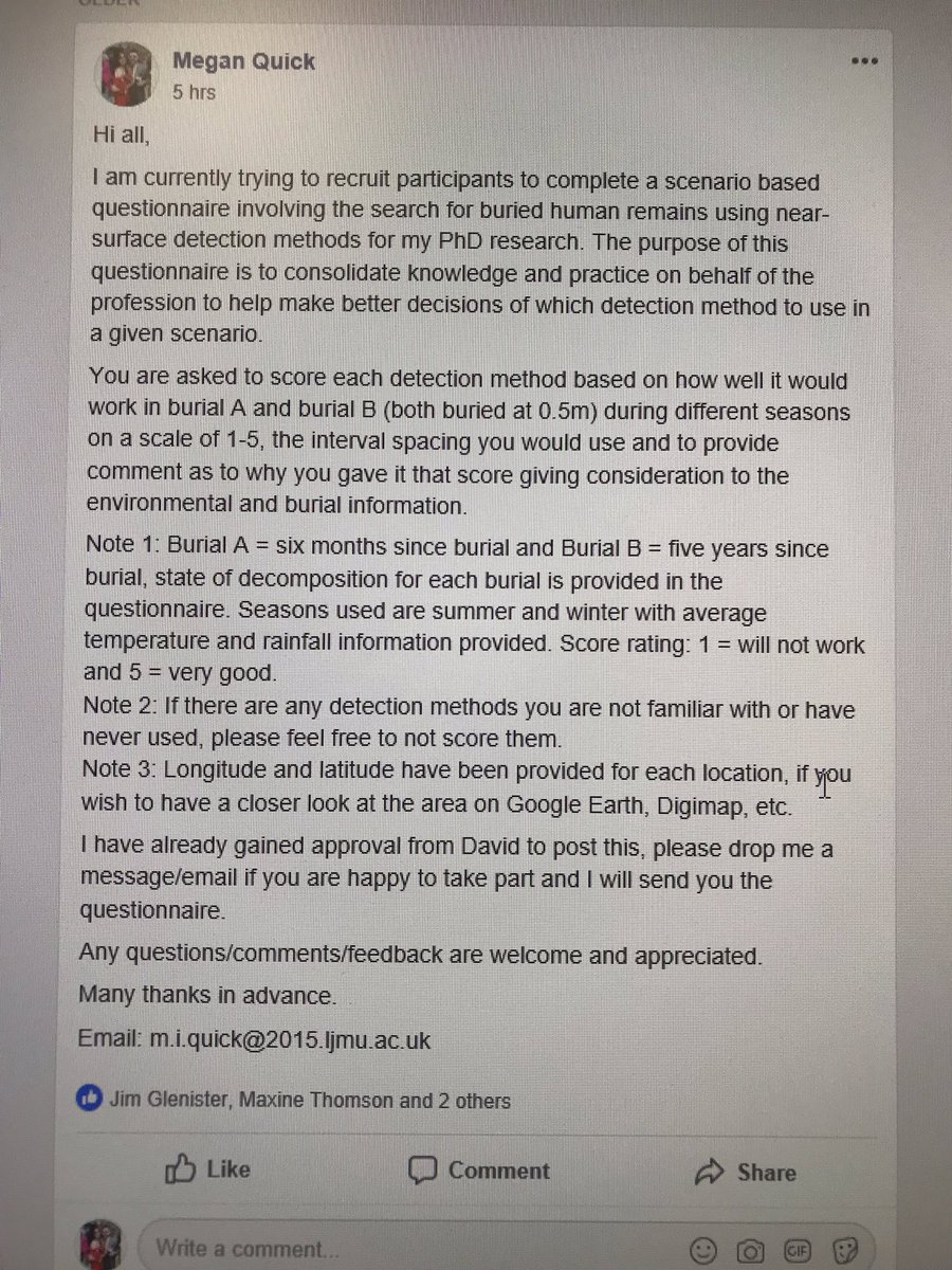 Trying to recruit participants for #archaeology #forensicarchaeology #geoscience #geophysics #forensicgeoscience #forensicgeophysics questionnaire on near-surface detection methods. See attached and drop me a message if you are interested in taking part ☺️ TIA