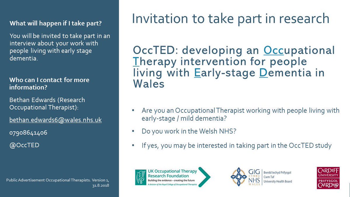 OT for Early-Stage Dementia (@occted) on Twitter photo Are you working as an #OccupationalTherapist in #BetsiCadwaladrUHB @BCUHB or #PowysTHB <a href="/PTHBhealth/">Powys Teaching Health Board</a>? If you are working with people living with early-stage / mild dementia you may be interested in taking part in an interview for the <a href="/OccTed/">OT for Early-Stage Dementia</a> Study! Get in touch if interested 😀 Are you working as an #OccupationalTherapist in #BetsiCadwaladrUHB @BCUHB or #PowysTHB <a href="/PTHBhealth/">Powys Teaching Health Board</a>? If you are working with people living with early-stage / mild dementia you may be interested in taking part in an interview for the <a href="/OccTed/">OT for Early-Stage Dementia</a> Study! Get in touch if interested 😀