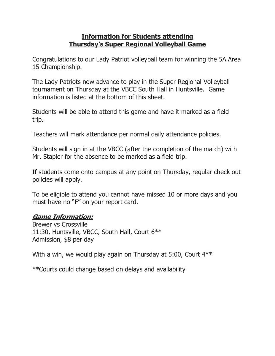 BPatriotSports's tweet photo. Volleyball Super Regional, Student Information and Bracket

Please see attachment for details about students attending the volleyball game

#Bbetter
#mcstakethenextstep https://t.co/ymlBCCigbJ