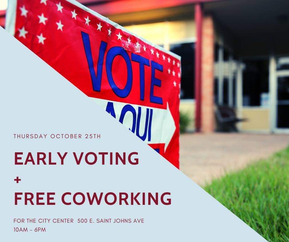 Tomorrow: Come Vote Early and stick around for Free Coworking

📍<a href="/FortheCity/">For The City</a> Center 500 East Saint John's Ave (where <a href="/VesselCoworking/">Vessel Coworking</a> is located)
🕙 10am - 6pm
📅 Tomorrow October 25th
ℹ️facebook.com/events/2792817…

#Election2018 #EarlyVotingTX #Vote
