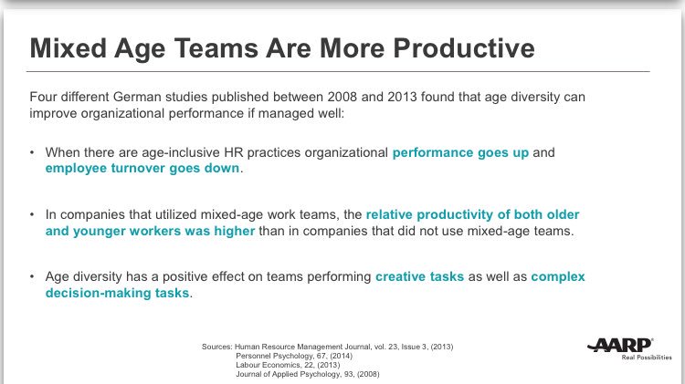 VASegovia's tweet image. So why hire older workers? Let @htinsleyfix of @Aarp count the ways:
Professionalism, work ethic, stability, less errors, productivity, engagement, motivation
SO MANY reasons. #SHRMDIV #ageism #diversity #multigen #disruptaging