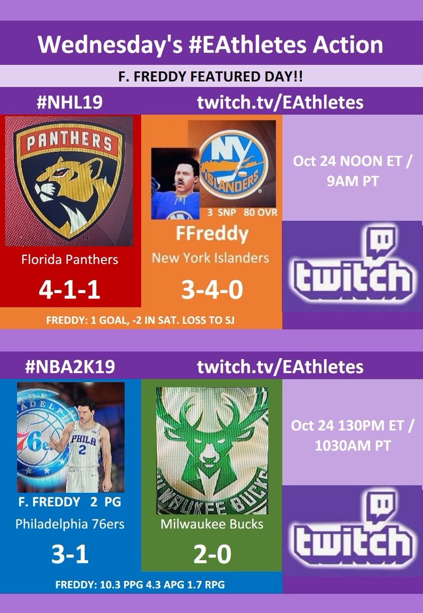 The_eAthletes's tweet photo. It is time for our Doubleheader of #FFreddy match ups for today! #LiveNOW
https://t.co/bGQjrPNm9F
#SupportSmallStreamers
#EAthletes #NHL19 #NBA2K19 #RookieSZN's
@TwitchTVOnline @shoutgamers @SupStreamers @retweet_twitch
@TwitchSharing @StreammRts
@PromoteStreams https://t.co/5V3XuqzMmz