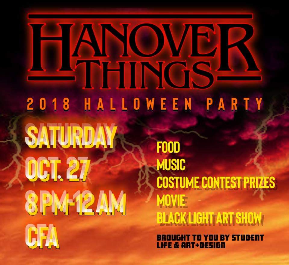 HanoverCollege's tweet photo. Celebrate Halloween &amp; fall sports this Saturday - details in the pics! 

🎃 Fall Family Tailgate 
🎃 Community Halloween Party @ 5-8p, CFA | food, costume party, free movie @ 6p
🎃 Hanover Things (Student) Party @ 8p-12a, CFA | costume contest, black light art, free movie @ 9:30p https://t.co/wVyKnWpMJI