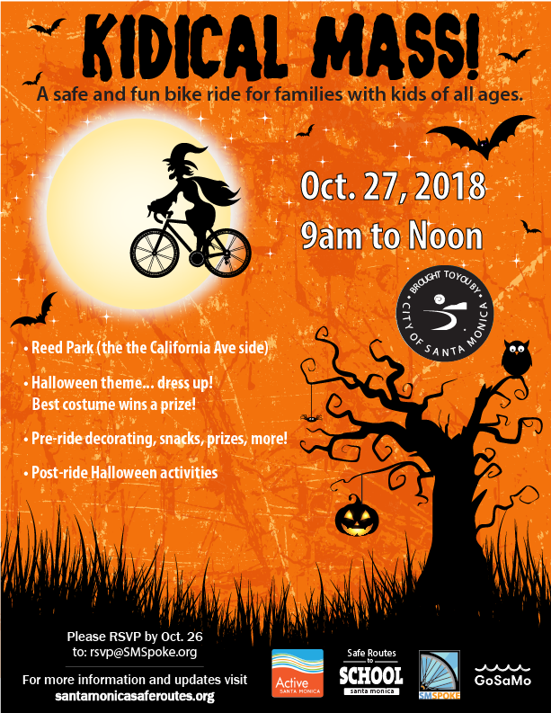 santamonicacity's tweet photo. Join @SMSpoke and #SantaMonica's Safe Routes to School program for the Halloween edition of Kidical Mass through the North of Wilshire neighborhood.  Prizes and giveaways at Reed Park at the end of the ride! More info: https://t.co/GM9rcpDjjA https://t.co/i50pdGv21H