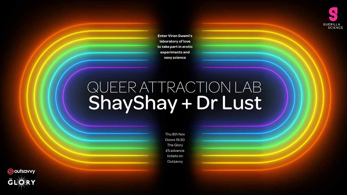 GuerillaScience's tweet photo. Sweaty, Steamy, Seductive, Sensual LGBTQ+ Science @theglorylondon Nov 8th hosted by @SHAYSHAYSHOW with Viren Swami as Dr. Lust #QueerAttractionLab 🎫 Tix: £5 https://t.co/Fq0XkChkAq https://t.co/HDCUJrM9P9