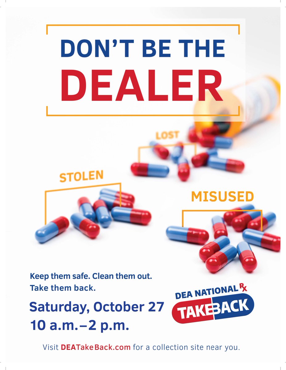 CityGlendaleMO's tweet photo. The @CityGlendaleMO is proud to be a collection site for this weekend's drug take back program, Saturday, 10/27/18, 10 AM to 2 PM - No questions asked! @DEASTLOUISDiv @FOX2now @ksdknews @KMOV @KMOX https://t.co/qpSsUN5KUY