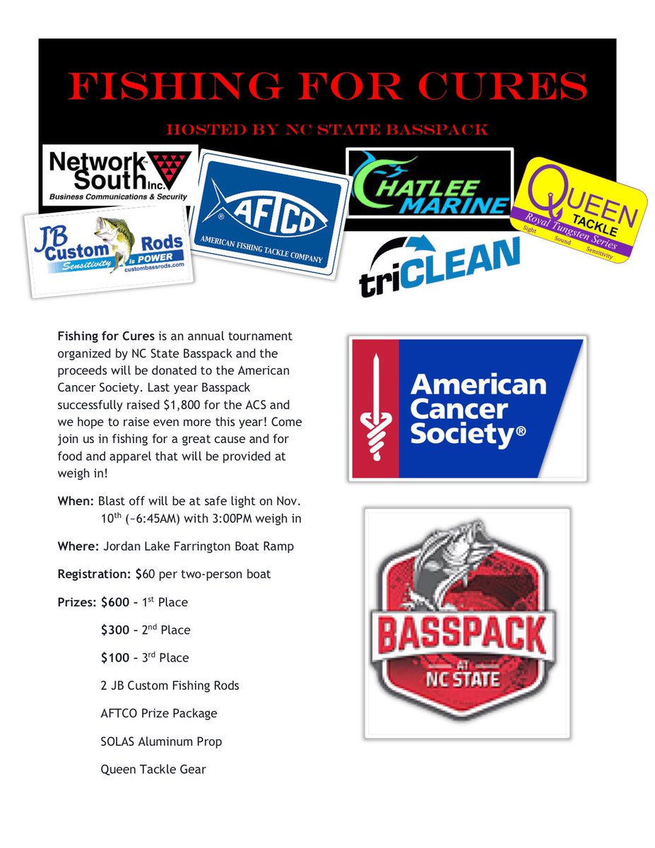 NCStateBassPack's tweet photo. Only 2 and a half weeks until the Fishing for Cures Tournament on Lake Jordan! Head over to the Fishing for Cures ticket page (https://t.co/U0MSFl3IAh) to register and make sure to be there for the weigh in where we will be providing food and giving away some gear! https://t.co/5q7kvPFH4M