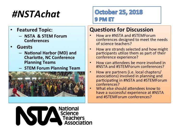 jaclyn_austin's tweet photo. I’ll be joining #NSTAchat with @caahayes tonight- I hope others will join us &amp; discuss  #nsta18 conferences and #STEM forum opportunities to learn and collaborate in #SciEd . #NGSS @AchieveInc @RPCollaboratory @STEMTeachTools #mdlearns @drjongrooms https://t.co/mwYJTZpcjK
