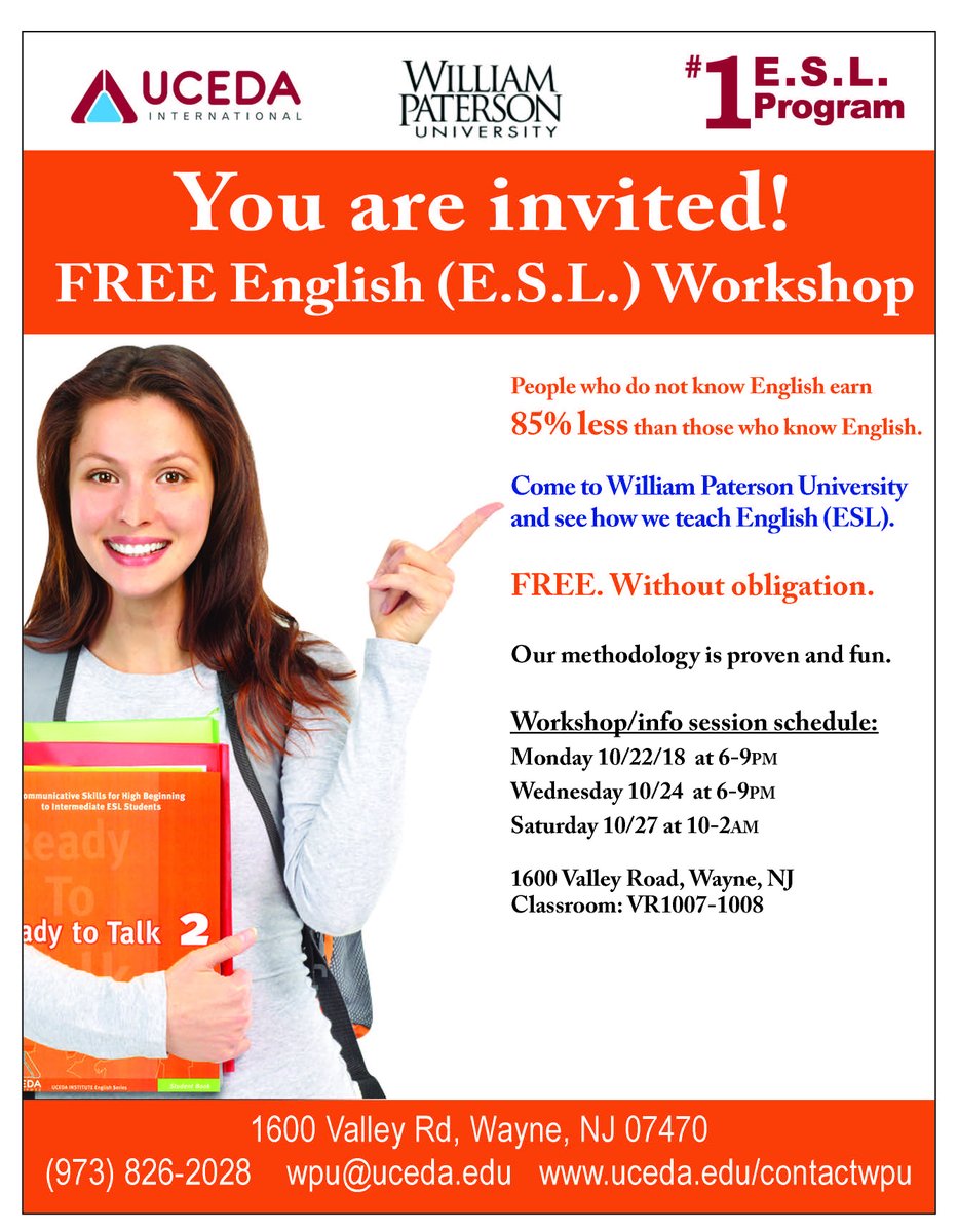 If you live in NJ, you are invited to our FREE ESL workshop at William Paterson University tonight at 6pm. 1600 Valley Road, Wayne, NJ room VR1006.
Email wpu@uceda.edu or text us 973-826-2028