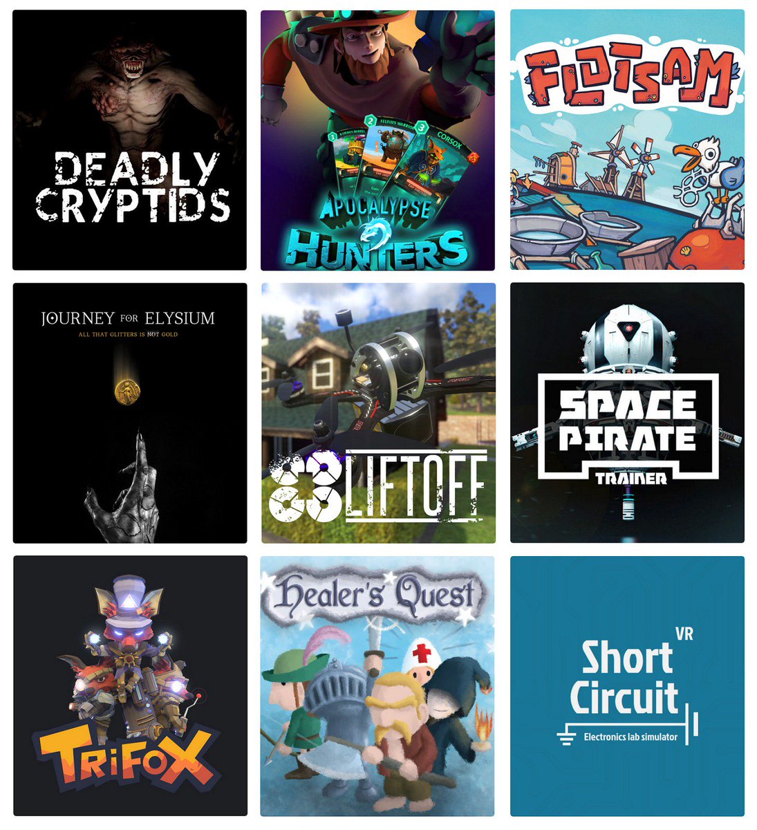 UnwrapFestival's tweet photo. The #BelgianGameAwards are picking up steam! 
Check out a few of the Games that are entering! 
#DeadlyCryptids
#ApocalypseHunters
#Flotsam
#JourneyForElysium
#LiftOff
#SpacePirateTrainer
#Trifox
#HealersQuest
#ShortCircuitVR
Have your own game to enter?
👉https://t.co/BzDuPerqFY https://t.co/0BqpF7TQ1Z