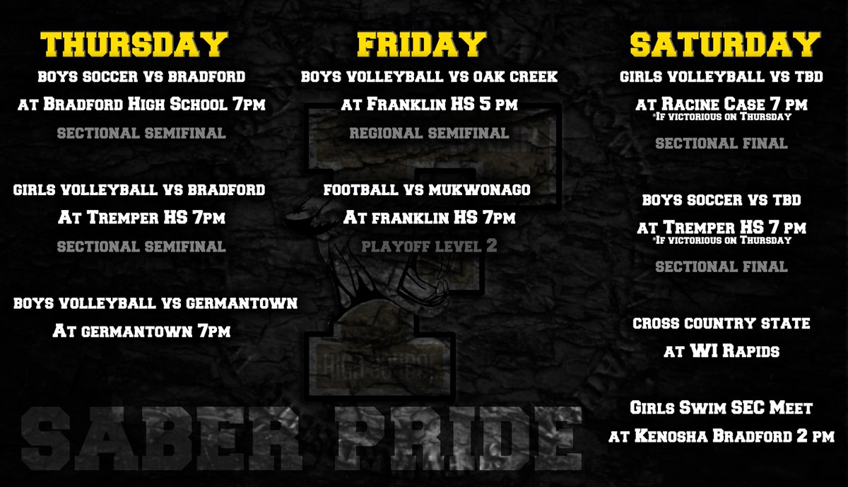 FranklinSabers's tweet photo. We have some big playoff games this week and need Saber Support! Pick one event and show up with Saber Pride! https://t.co/xaKPruMPEN