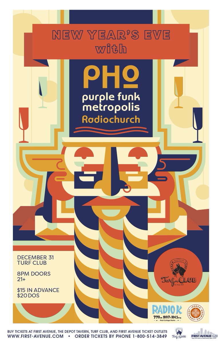 TurfClubMN's tweet image. Just Announced: @radiok and 
@indeedbrewing Company present New Year's Eve with @PHOfunk, @radiochurchmpls, and Purple Funk Metropolis at the Turf Club on December 31! 🎉 Tickets on sale Friday: bit.ly/2Aregv8