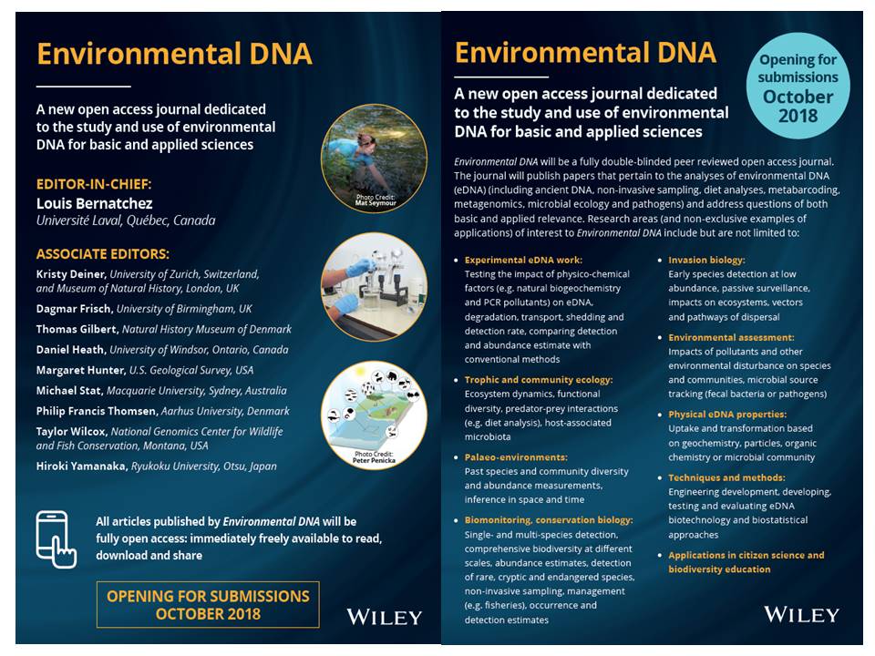 The new journal Environmental DNA is now accepting submissions ! Submit your best stuff to us ! onlinelibrary.wiley.com/journal/263749… onlinelibrary.wiley.com/journal/263749… #eDNA #ancientDNA #noninvasivesampling #metabarcoding #metagenomics #microbes #pathogens @eDNA_papers @eDNAmonitoring @fishcongen