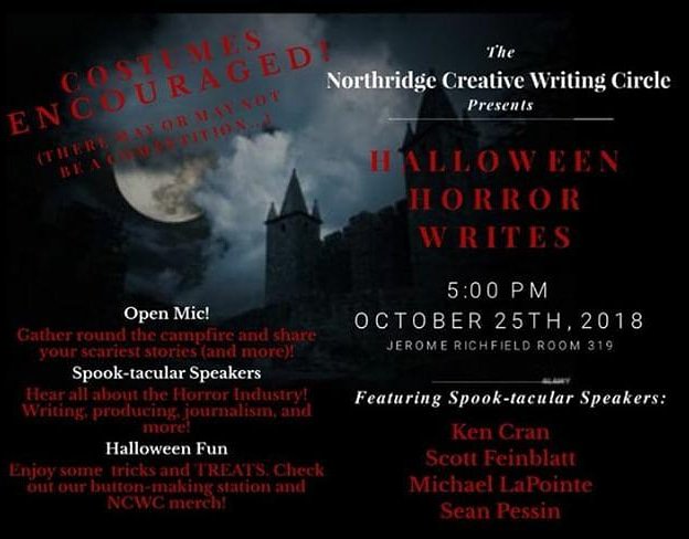 4humCSUN's tweet photo. Tomorrow! Our Friends at the Northridge Creative Writing Circle @CSUNNCWC are holding a big Halloween event! Check it out! #csunenglish #CSUN #csunenglishclubs https://t.co/UIYfAZGoEN